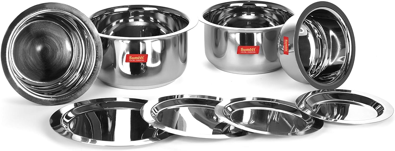 Set of 4 Stainless Steel Mini to Small Size Tope/Patila/Cookware with Lids - Induction & Gas Stove Friendly (370ML, 550ML, 800ML, 1100ML)