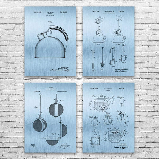 Set of 4 Tea Patent Posters (12x18) - Coffee Shop Art, Tea Kettle Design, Barista Gift - Blue Steel Tea Kettle Wall Art for Cafe Owner