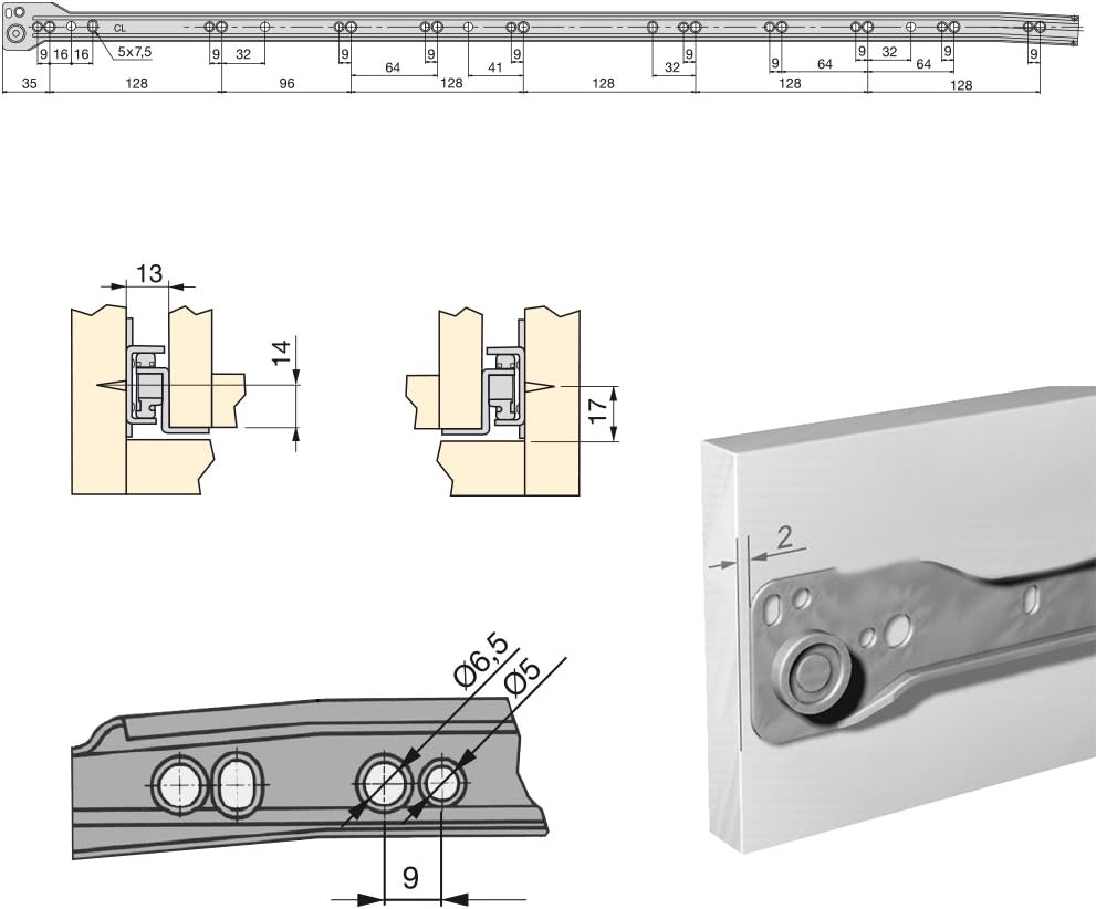 Set of 5 Emuca 800mm Drawer Runners with Partial Extension in Silver Grey Color