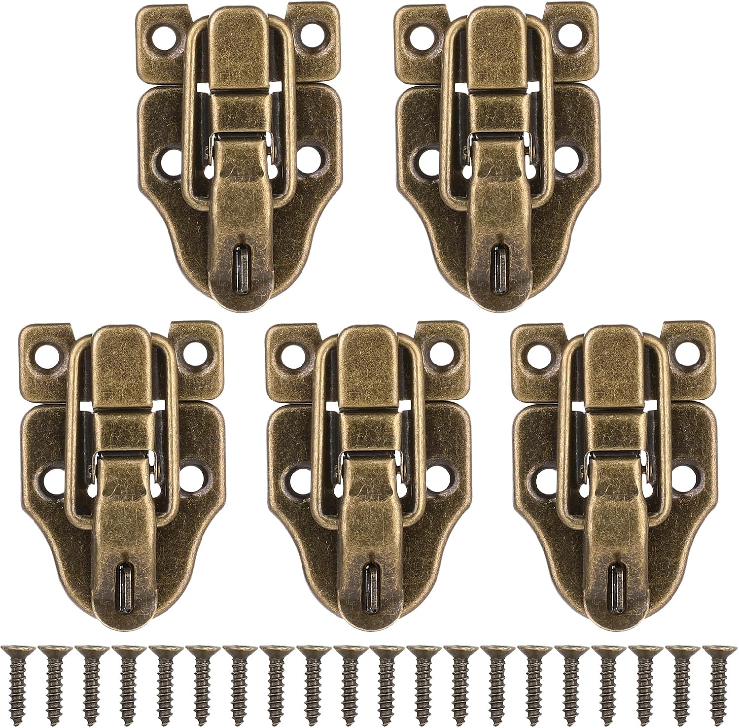 Set of 5 Vintage Duckbilled Toggle Hasp Latches with Padlock Hole, Gold Metal Clasp for Jewelry Box, Wooden Case, Crafts - Includes Screws