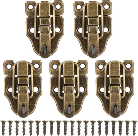 Set of 5 Vintage Duckbilled Toggle Hasp Latches with Padlock Hole, Gold Metal Clasp for Jewelry Box, Wooden Case, Crafts - Includes Screws