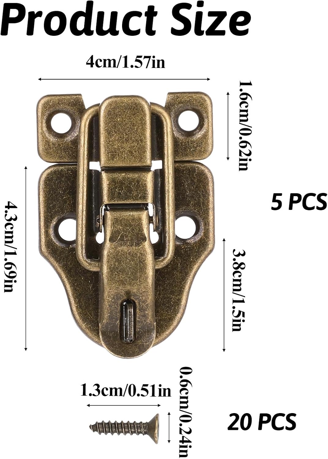 Set of 5 Vintage Duckbilled Toggle Hasp Latches with Padlock Hole, Gold Metal Clasp for Jewelry Box, Wooden Case, Crafts - Includes Screws