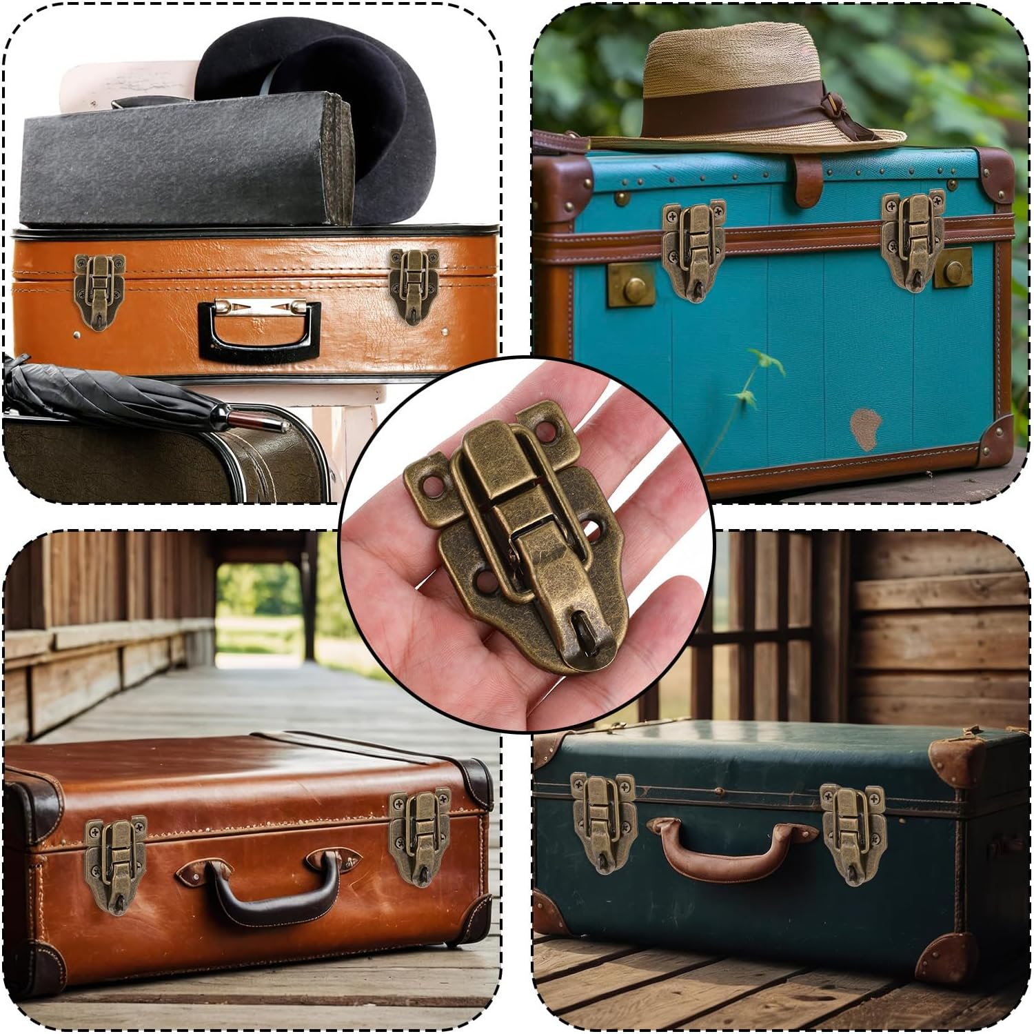 Set of 5 Vintage Duckbilled Toggle Hasp Latches with Padlock Hole, Gold Metal Clasp for Jewelry Box, Wooden Case, Crafts - Includes Screws