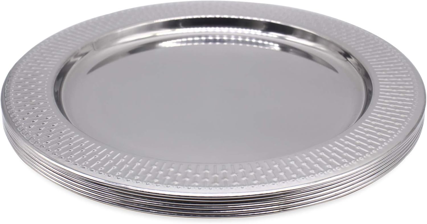 Set of 6 13-Inch Stainless Steel Beaded Charger Plates in Silver for Elegant Dining Events
