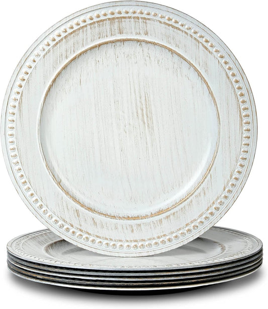 Set of 6 13" Vintage Beaded Charger Plates for Dinner - White Chargers for Wedding Bulk