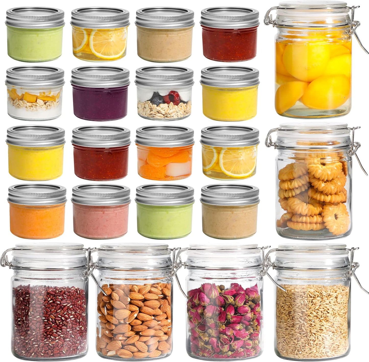 Set of 6 Airtight Glass Canisters with Lids, 25oz Food Storage Jars + 16 Pack Mini Mason Jars 4oz - Regular Mouth Mason Jars with Seal Bands for Spice, Jam, Honey