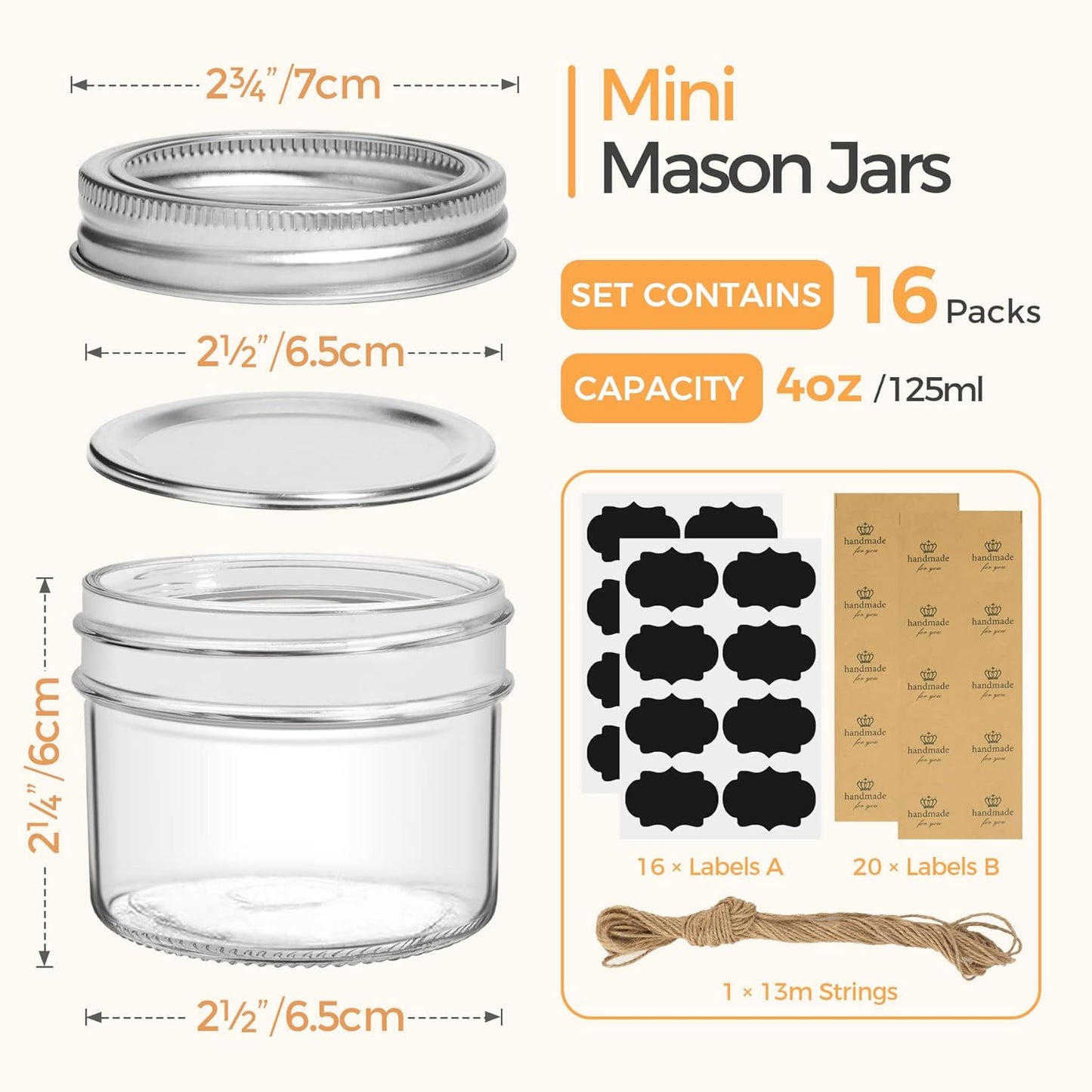 Set of 6 Airtight Glass Canisters with Lids, 25oz Food Storage Jars + 16 Pack Mini Mason Jars 4oz - Regular Mouth Mason Jars with Seal Bands for Spice, Jam, Honey