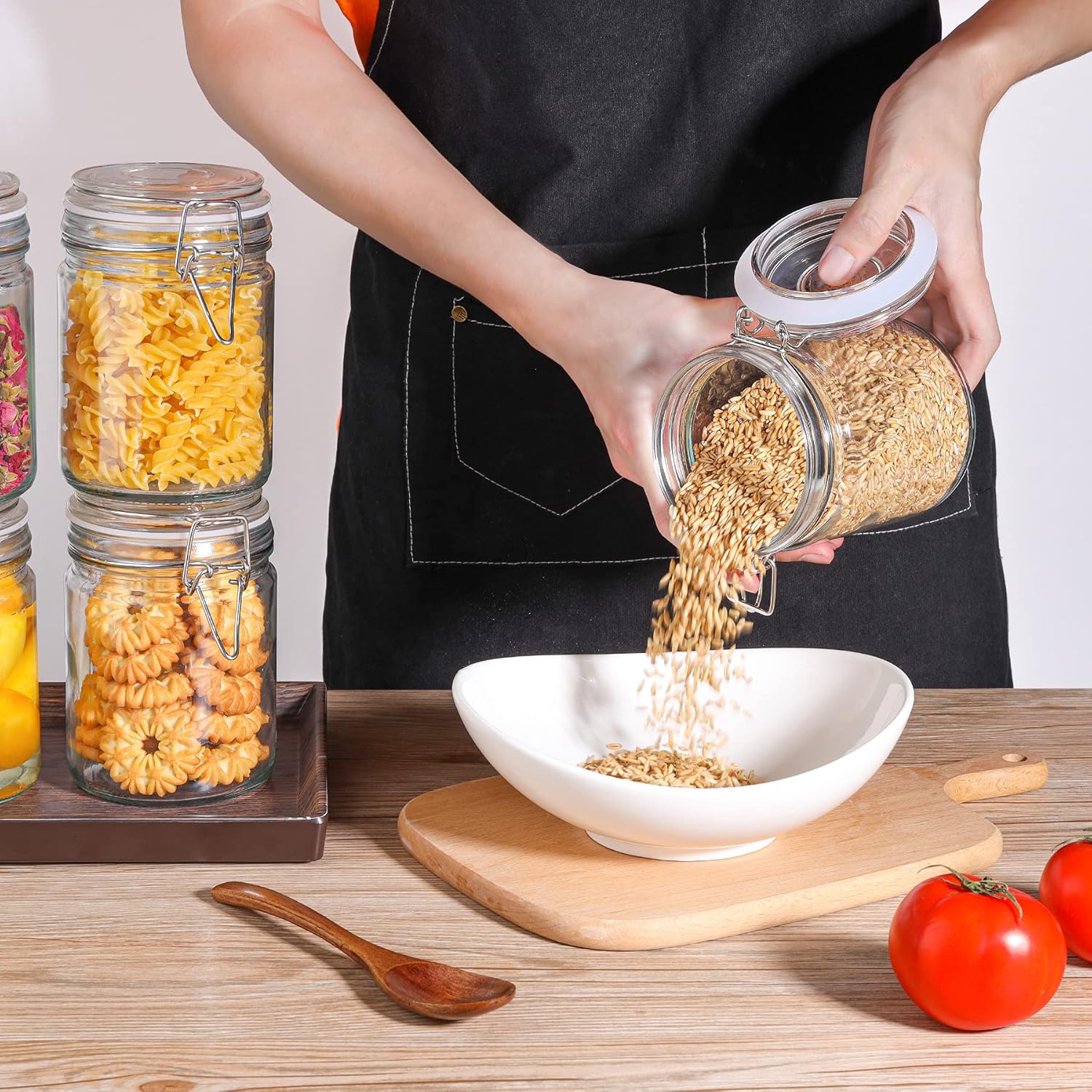 Set of 6 Airtight Glass Canisters with Lids, 25oz Food Storage Jars + 16 Pack Mini Mason Jars 4oz - Regular Mouth Mason Jars with Seal Bands for Spice, Jam, Honey