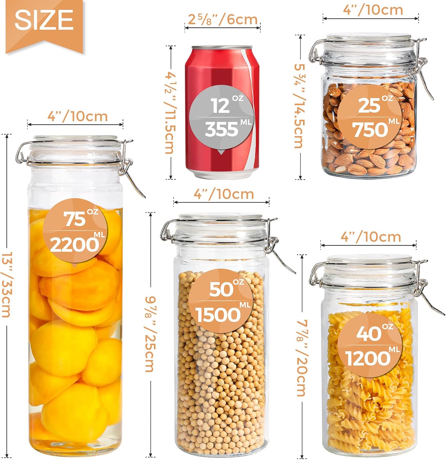 Set of 6 Airtight Glass Canisters with Lids, 25oz Food Storage Jars + 16 Pack Mini Mason Jars 4oz - Regular Mouth Mason Jars with Seal Bands for Spice, Jam, Honey