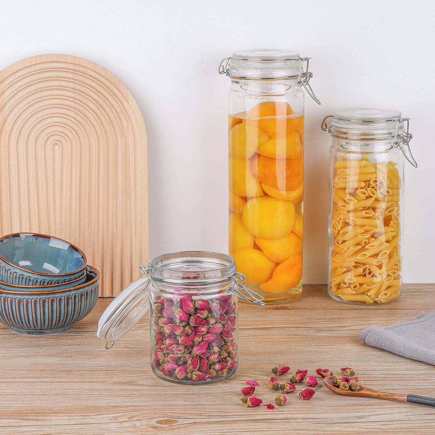 Set of 6 Airtight Glass Canisters with Lids, 25oz Food Storage Jars + 16 Pack Mini Mason Jars 4oz - Regular Mouth Mason Jars with Seal Bands for Spice, Jam, Honey