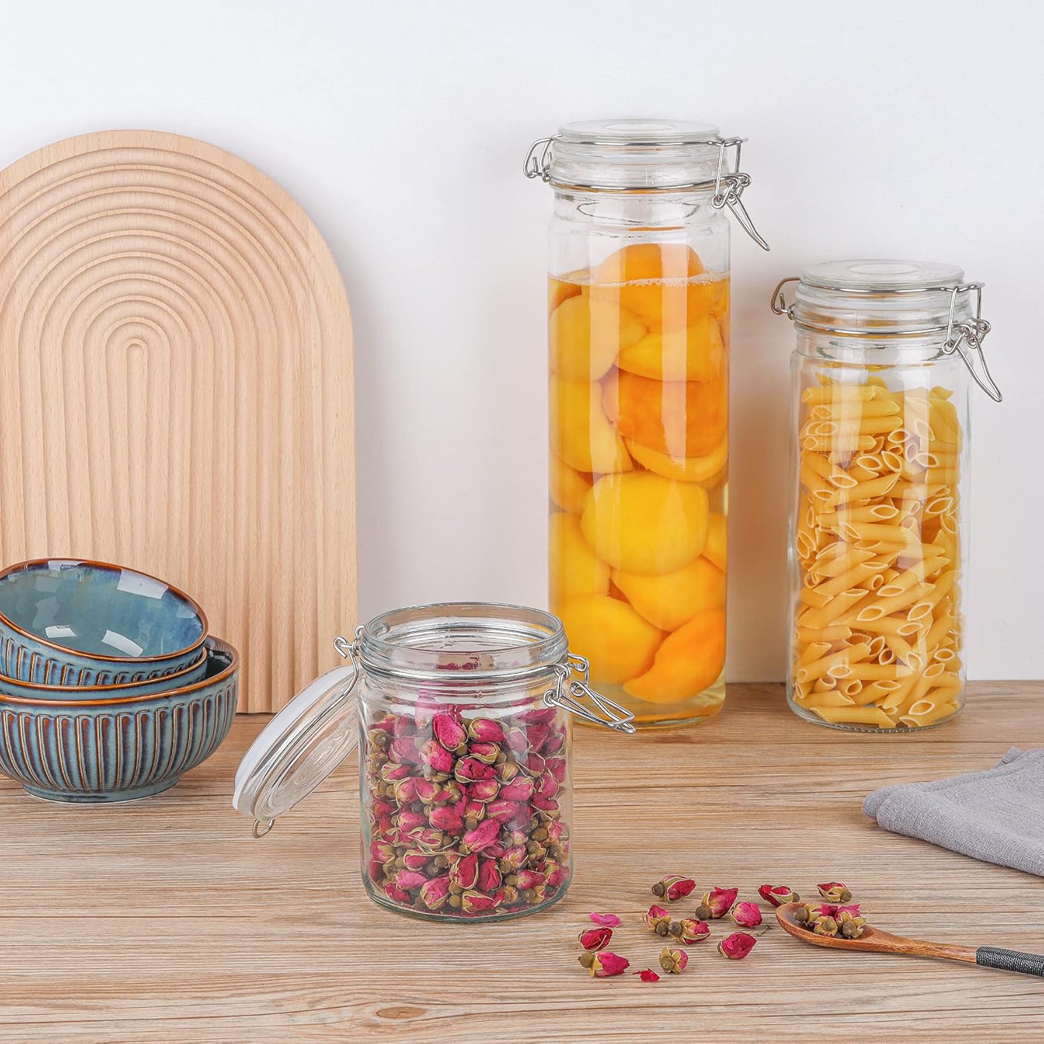 Set of 6 Airtight Glass Canisters with Lids, 25oz Food Storage Jars + 16 Pack Mini Mason Jars 4oz - Regular Mouth Mason Jars with Seal Bands for Spice, Jam, Honey