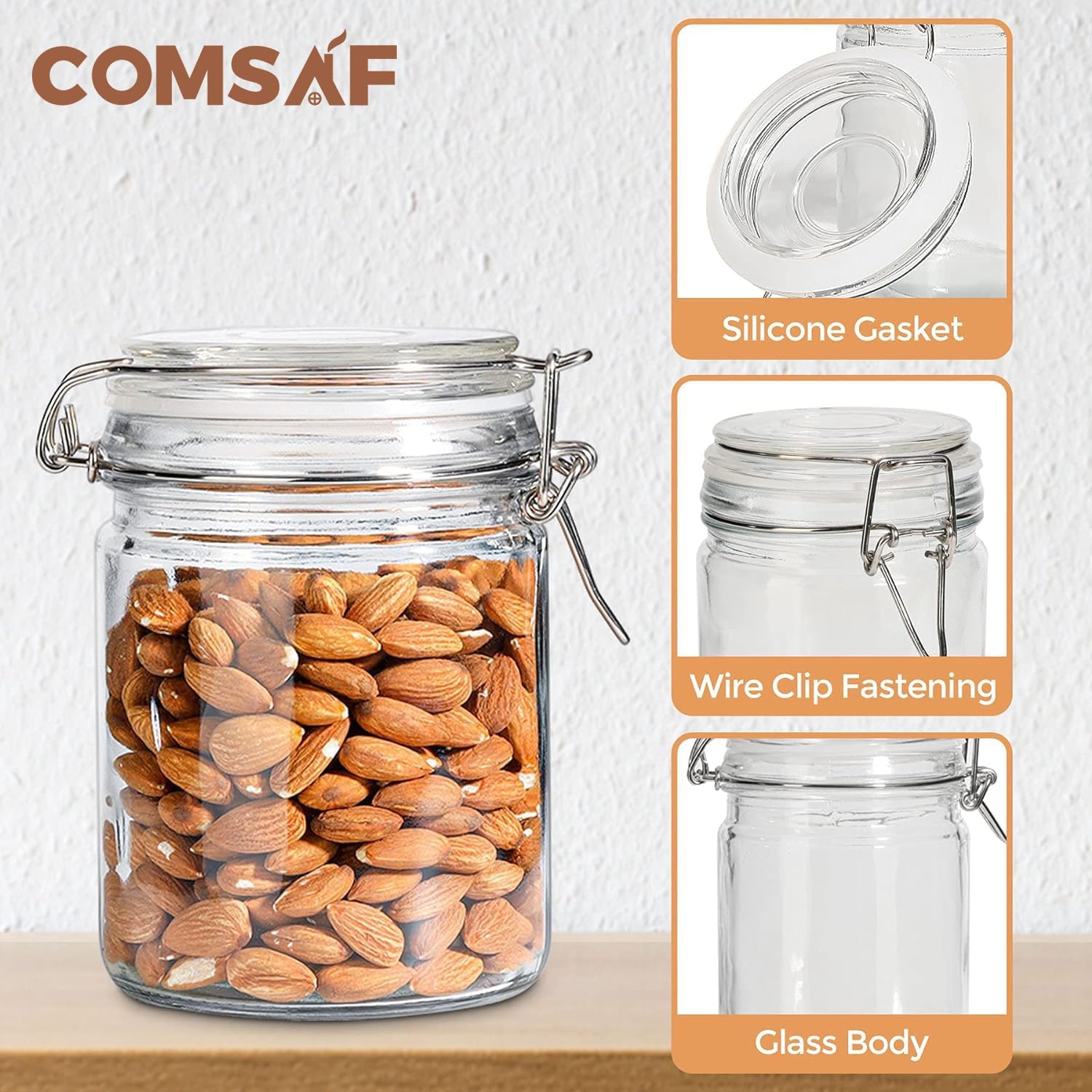 Set of 6 ComSaf 25oz Airtight Glass Canisters with Lids for Kitchen Storage - Ideal for Pasta, Flour, Cereal, and More