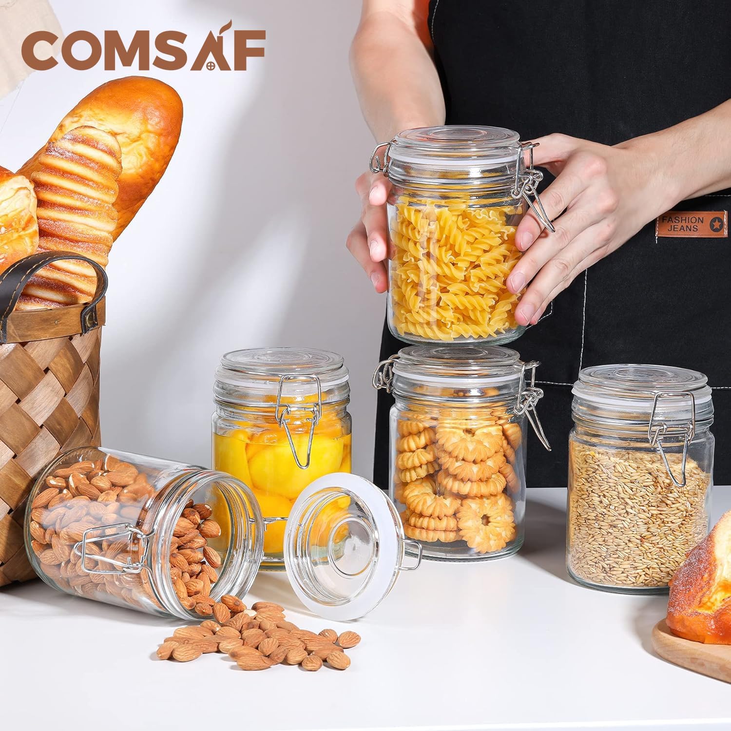 Set of 6 ComSaf 25oz Airtight Glass Canisters with Lids for Kitchen Storage - Ideal for Pasta, Flour, Cereal, and More