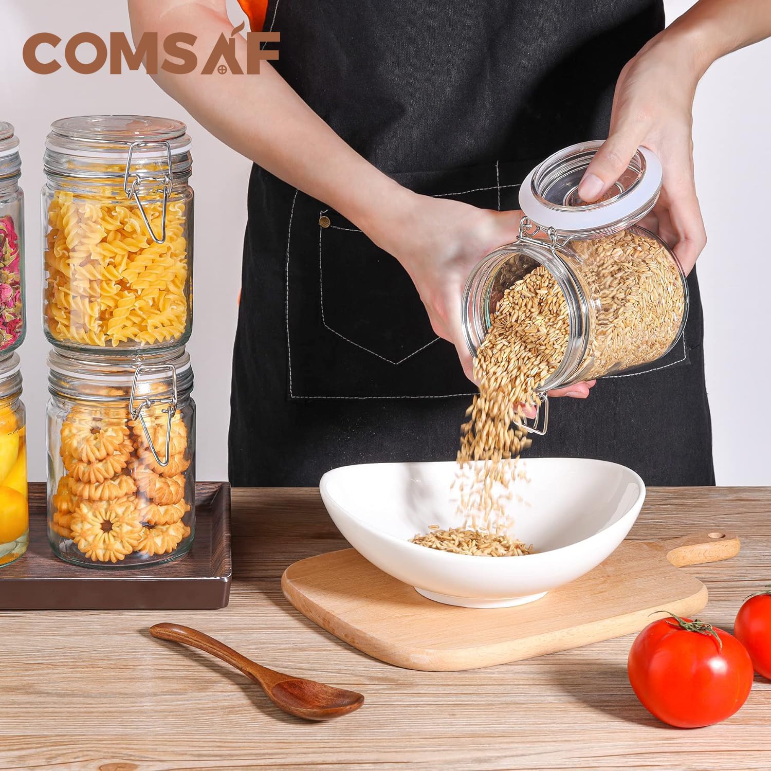 Set of 6 ComSaf 25oz Airtight Glass Canisters with Lids for Kitchen Storage - Ideal for Pasta, Flour, Cereal, and More