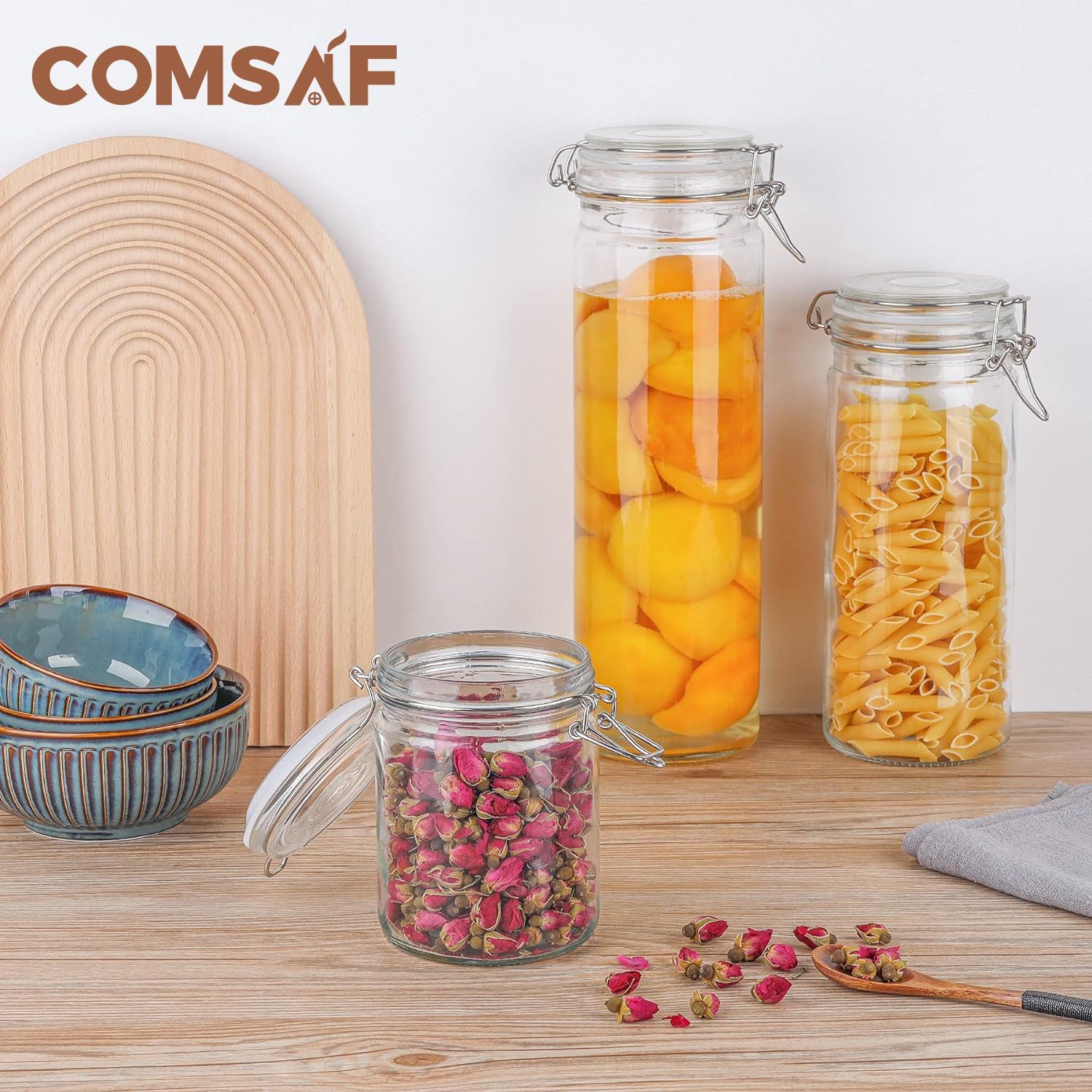 Set of 6 ComSaf 25oz Airtight Glass Canisters with Lids for Kitchen Storage - Ideal for Pasta, Flour, Cereal, and More