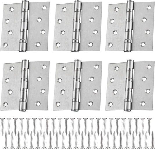 Set of 6 Heavy Duty 4" Ball Bearing Door Hinges - Stainless Steel Exterior Hinges with Square Corners - 4 x 4 Inch - Silver Color