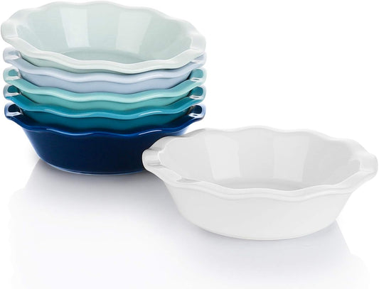 Set of 6 Sweese Mini Porcelain Pie Pans - 6.5 Inch, Non-Stick, Ruffled Edge, 12 oz Individual Pie Plates in Cool Assorted Colors