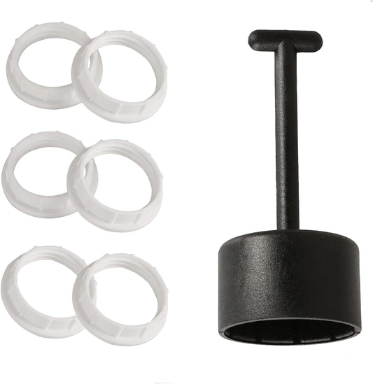 Set of 6 White Threaded Socket Rings & 1 Black Tool for E26 Medium Base Sockets - G0601