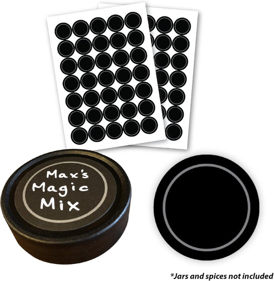 Set of 70 Black Water Resistant Round Spice Jar Labels - 1.5" - Fits Penzeys and AllSpice Jars - Blank Templates