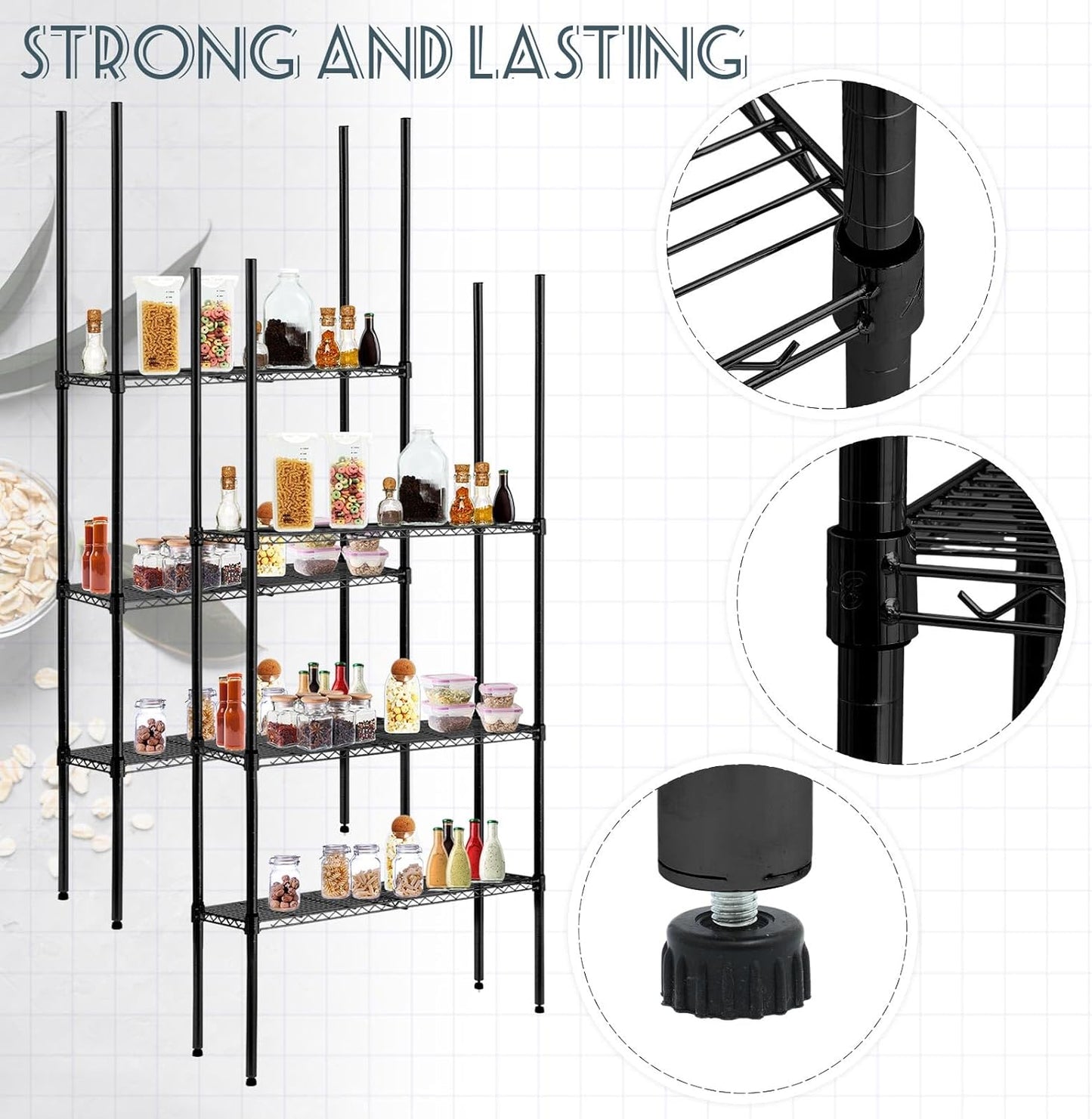 Set of 8 Beeveer Black Chrome Wire Shelving Posts with 50 Pcs Clips for Heavy Duty Commercial Use (74 Inch)