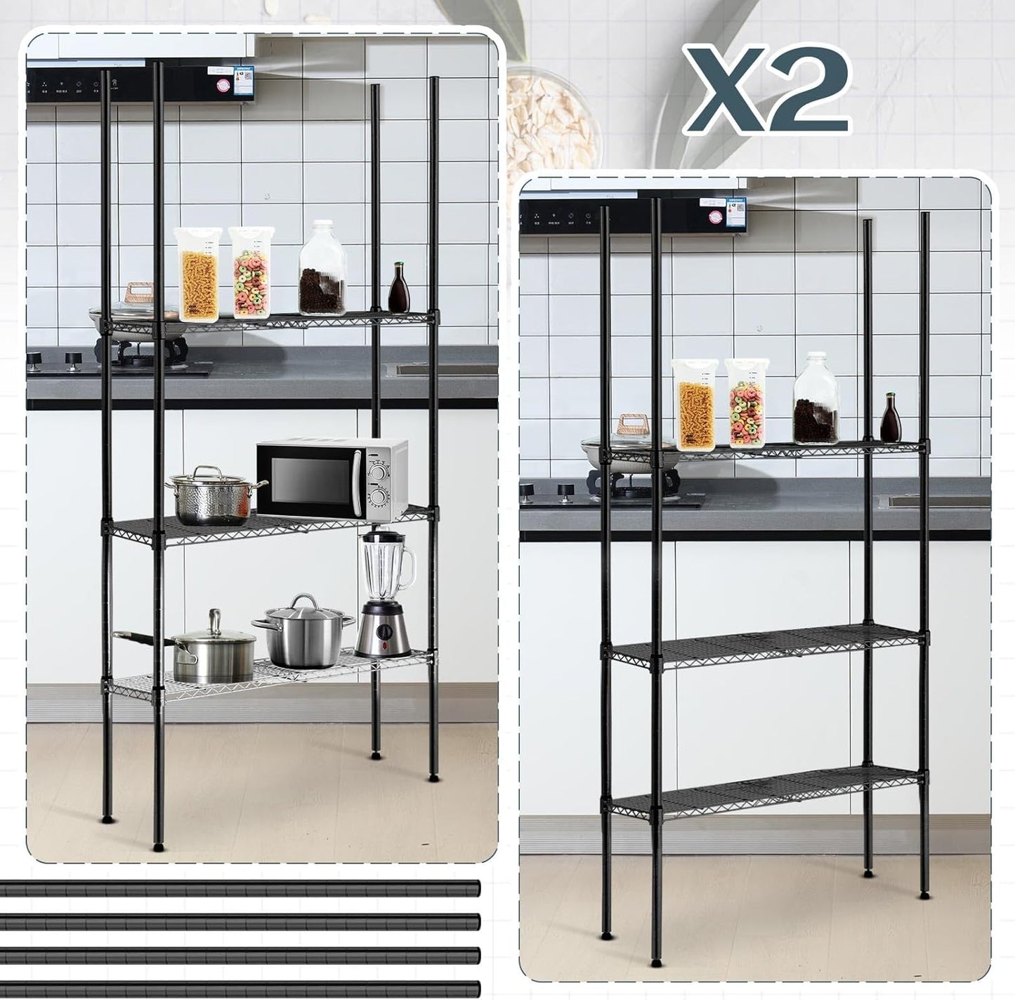 Set of 8 Beeveer Black Chrome Wire Shelving Posts with 50 Pcs Clips for Heavy Duty Commercial Use (74 Inch)