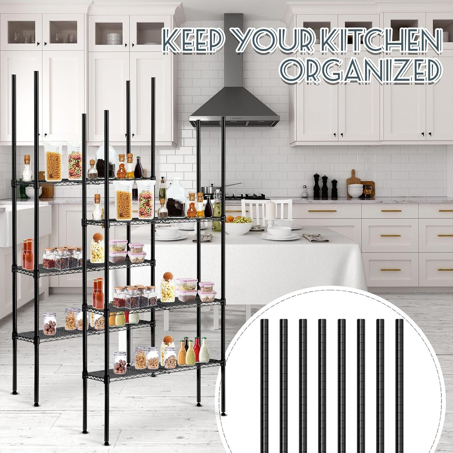 Set of 8 Beeveer Black Chrome Wire Shelving Posts with 50 Pcs Clips for Heavy Duty Commercial Use (74 Inch)