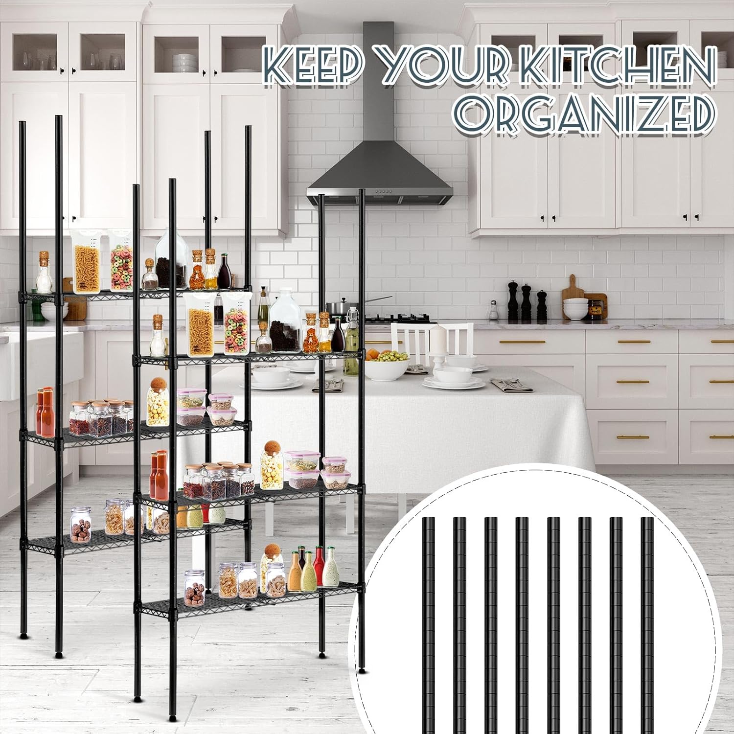 Set of 8 Beeveer Black Chrome Wire Shelving Posts with 50 Pcs Clips for Heavy Duty Commercial Use (74 Inch)