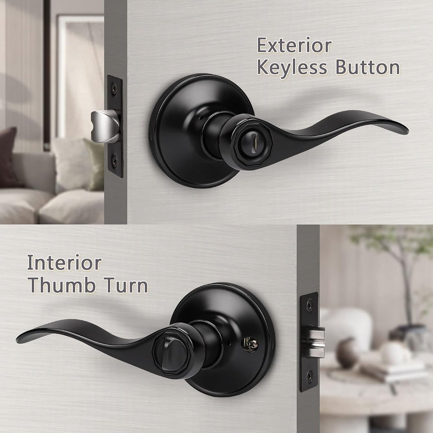 Set of 8 Matte Black Door Knobs for Bedroom/Bathroom Privacy with Thumb Turn Lock - Reversible for Right or Left Hand Doors