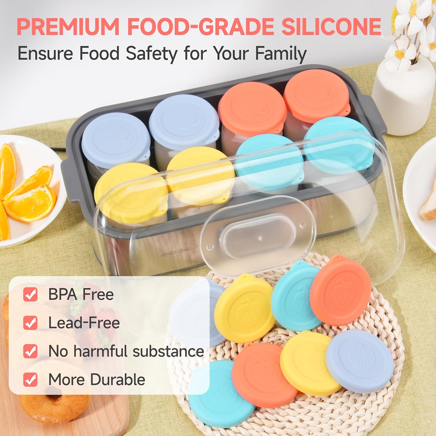 Set of 8 Purekra Silicone Replacement Lids for 6oz Yogurt Jars - BPA-Free, Dishwasher & Microwave Safe Yogurt Jar Covers for Oatmeal, Pudding, Freezer Storage - Fits Ultimate Jars (Jars Excluded)