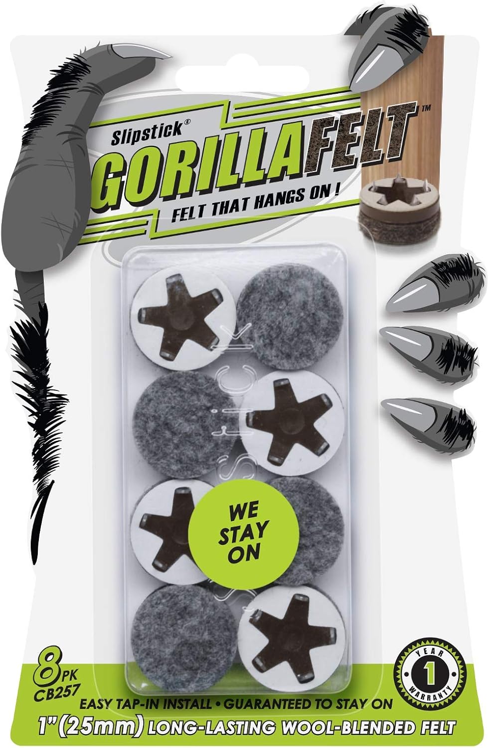 Set of 8 Slipstick GorillaFelt CB257 Chair Leg Floor Protectors - 1 Inch Round Felt Glides for Furniture Legs - Easy Tap On Design - Secure Fit Guaranteed