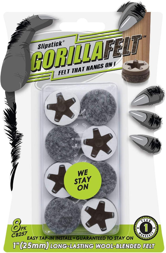 Set of 8 Slipstick GorillaFelt CB257 Chair Leg Floor Protectors - 1 Inch Round Felt Glides for Furniture Legs - Easy Tap On Design - Secure Fit Guaranteed