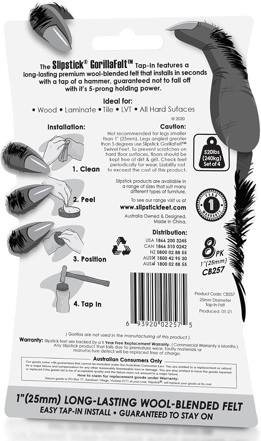 Set of 8 Slipstick GorillaFelt CB257 Chair Leg Floor Protectors - 1 Inch Round Felt Glides for Furniture Legs - Easy Tap On Design - Secure Fit Guaranteed
