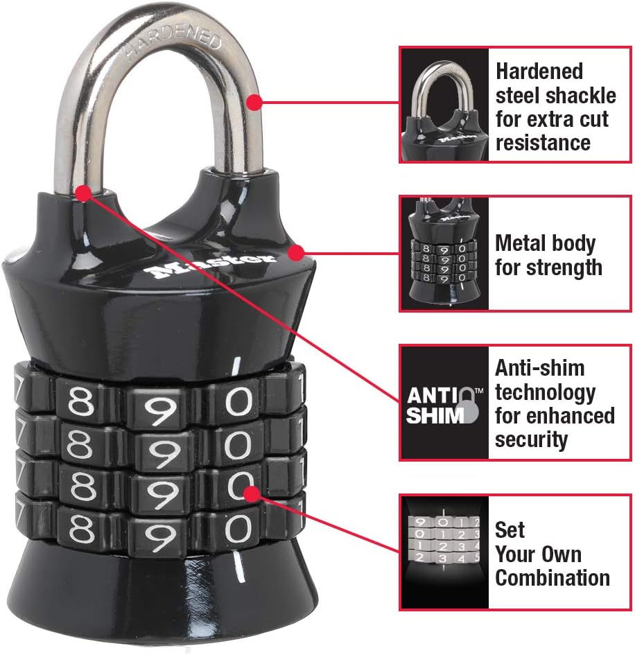 Set Your Own Combination Padlock, 2 Pack - Master Lock 1535D Locker Lock with Varying Colors and 1 Black Combination Padlock