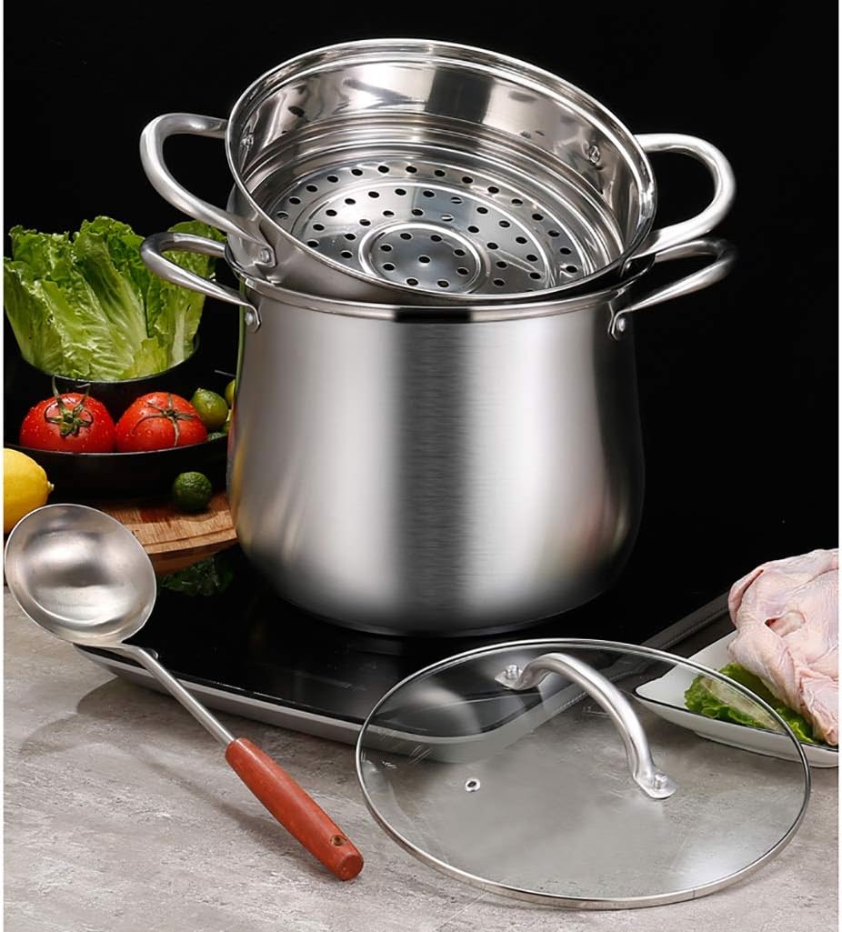 SEYFI 2-Tier Stainless Steel Steamer Pan Set with Vegetable Insert Pans and Glass Lid - 26 * 28.6cm
