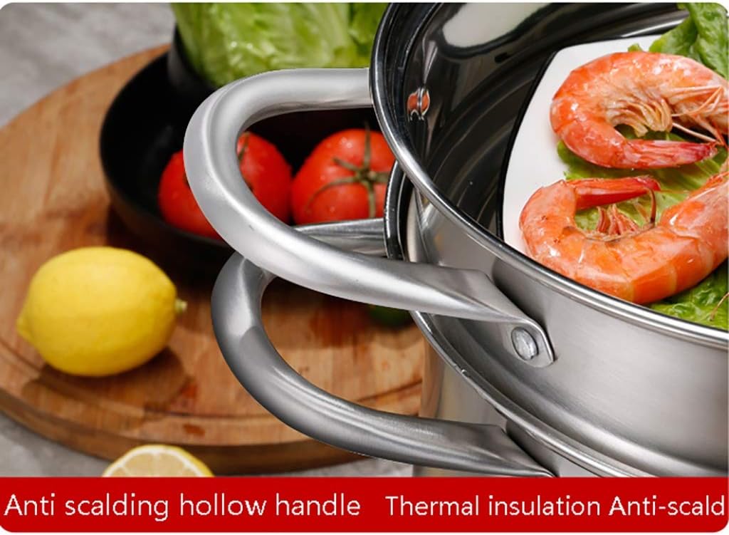 SEYFI 2-Tier Stainless Steel Steamer Pan Set with Vegetable Insert Pans and Glass Lid - 26 * 28.6cm