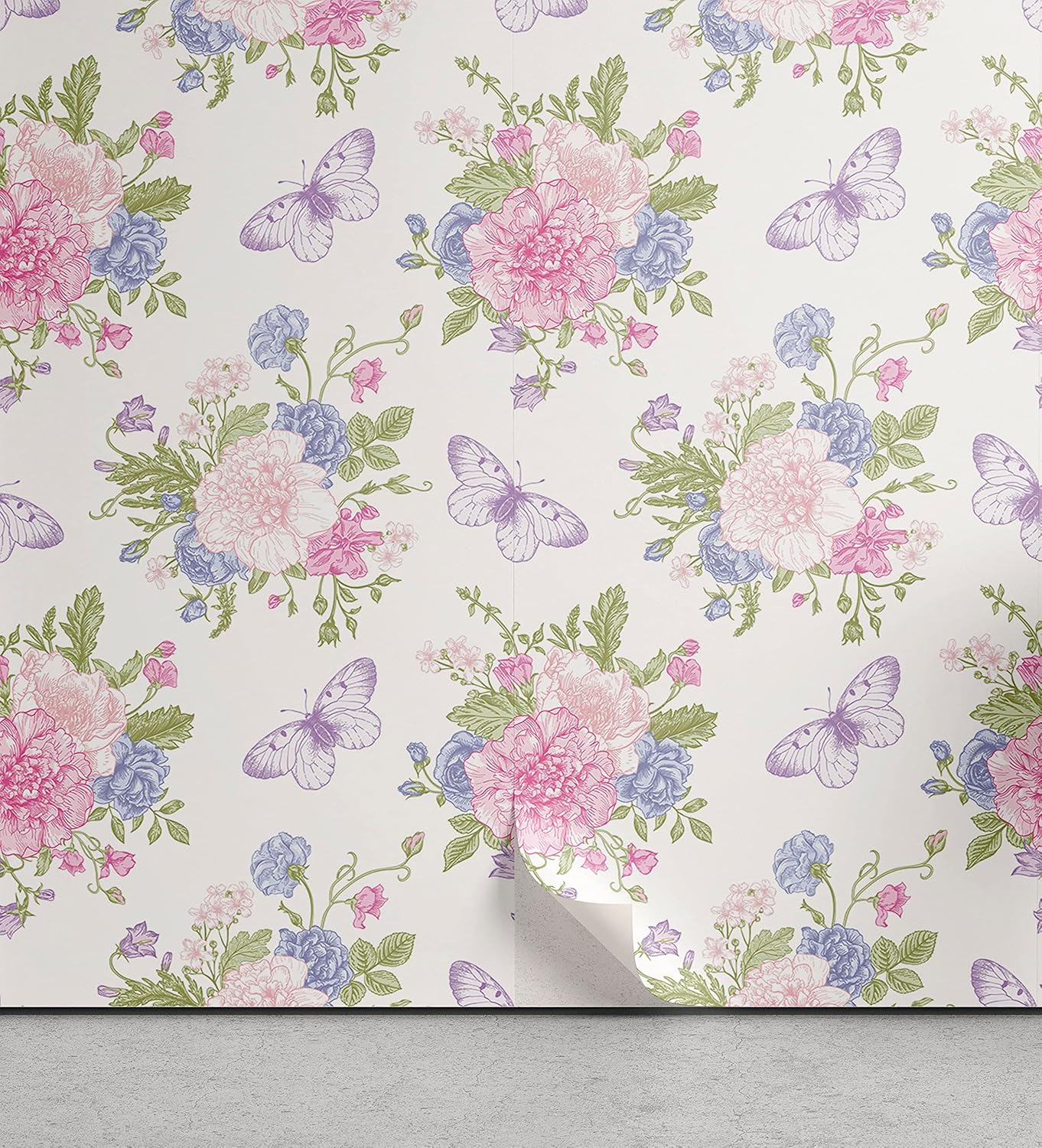 Shabby Flora Peel & Stick Wallpaper - Flowers Floral Design with Butterflies Ivy Swirl Art - Self-Adhesive Accent for Living Room, Kitchen - 13" x 100" - Pale Pink Purple