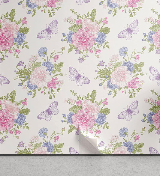 Shabby Flora Peel & Stick Wallpaper - Flowers Floral Design with Butterflies Ivy Swirl Art - Self-Adhesive Accent for Living Room, Kitchen - 13" x 100" - Pale Pink Purple