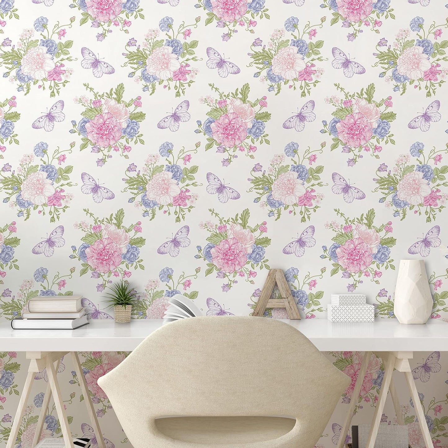 Shabby Flora Peel & Stick Wallpaper - Flowers Floral Design with Butterflies Ivy Swirl Art - Self-Adhesive Accent for Living Room, Kitchen - 13" x 100" - Pale Pink Purple