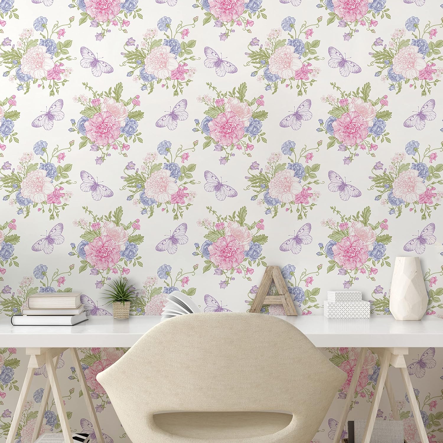 Shabby Flora Peel & Stick Wallpaper - Flowers Floral Design with Butterflies Ivy Swirl Art - Self-Adhesive Accent for Living Room, Kitchen - 13" x 100" - Pale Pink Purple