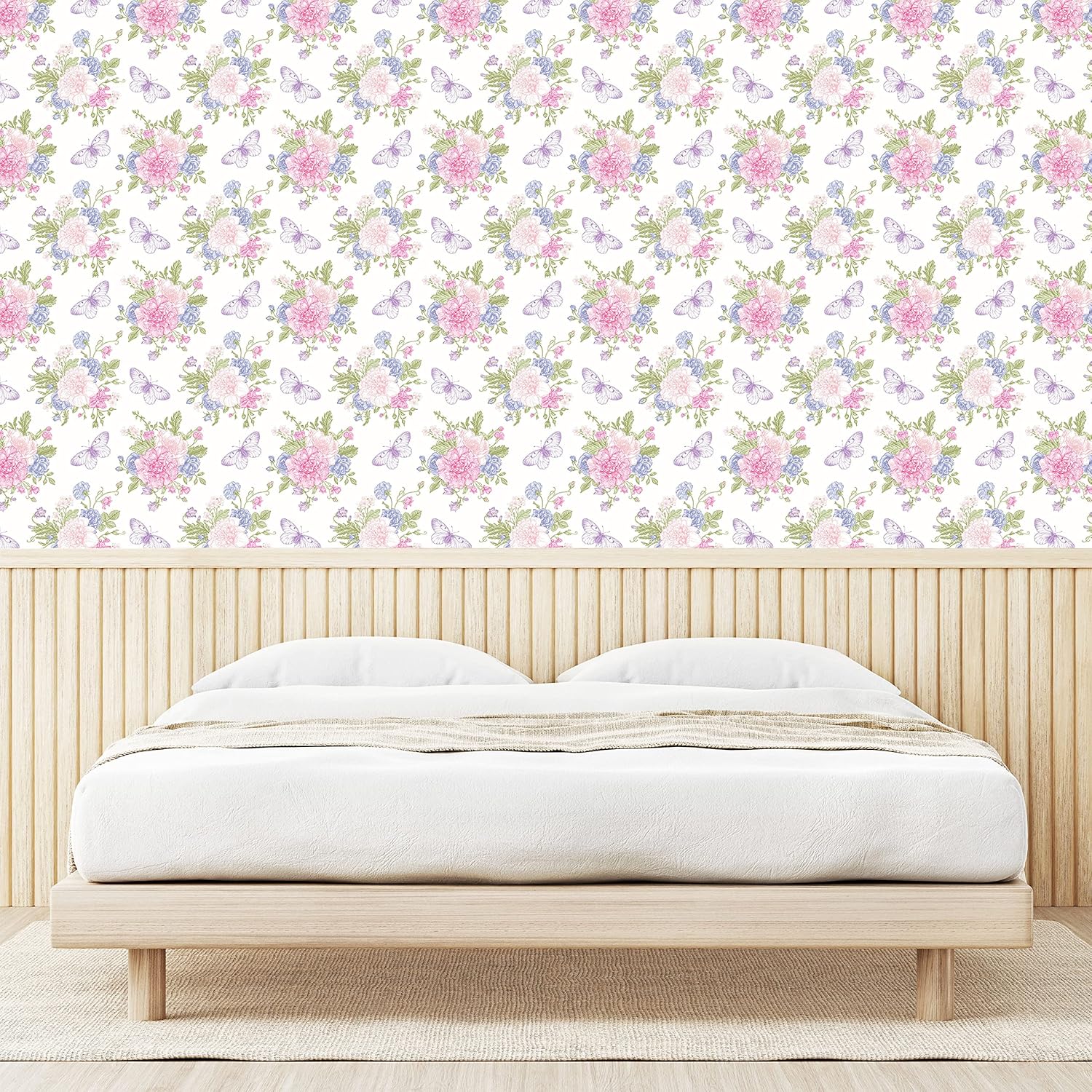 Shabby Flora Peel & Stick Wallpaper - Flowers Floral Design with Butterflies Ivy Swirl Art - Self-Adhesive Accent for Living Room, Kitchen - 13" x 100" - Pale Pink Purple