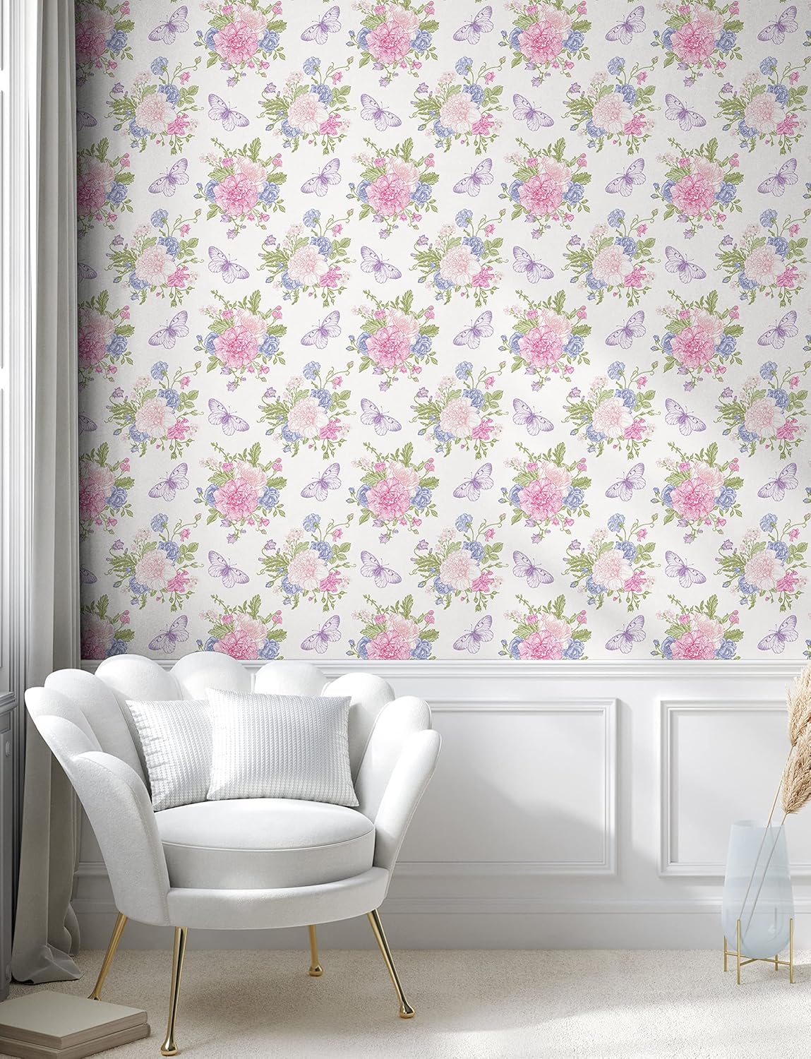 Shabby Flora Peel & Stick Wallpaper - Flowers Floral Design with Butterflies Ivy Swirl Art - Self-Adhesive Accent for Living Room, Kitchen - 13" x 100" - Pale Pink Purple