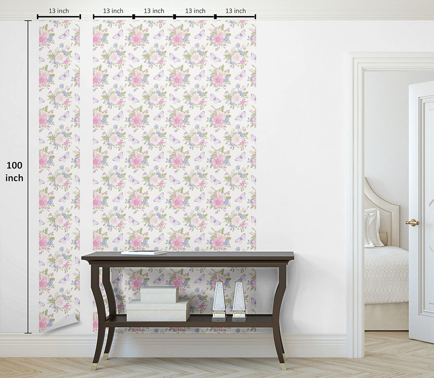 Shabby Flora Peel & Stick Wallpaper - Flowers Floral Design with Butterflies Ivy Swirl Art - Self-Adhesive Accent for Living Room, Kitchen - 13" x 100" - Pale Pink Purple