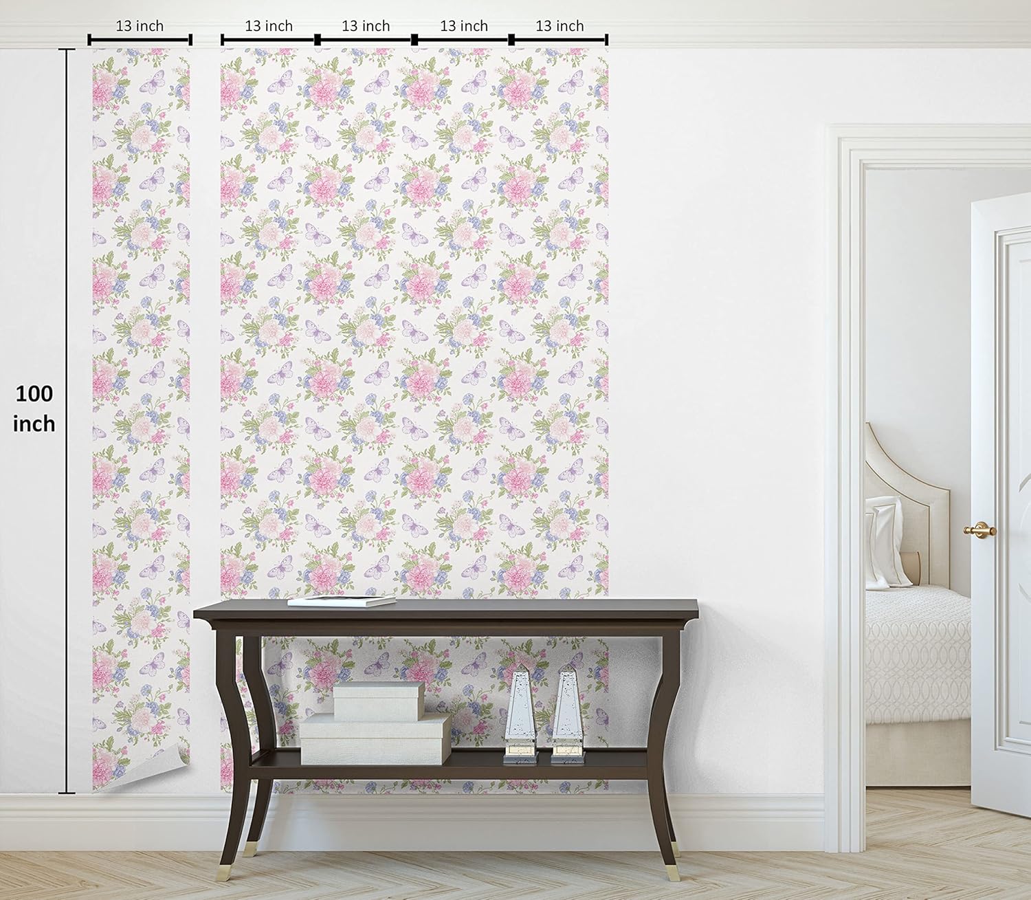 Shabby Flora Peel & Stick Wallpaper - Flowers Floral Design with Butterflies Ivy Swirl Art - Self-Adhesive Accent for Living Room, Kitchen - 13" x 100" - Pale Pink Purple