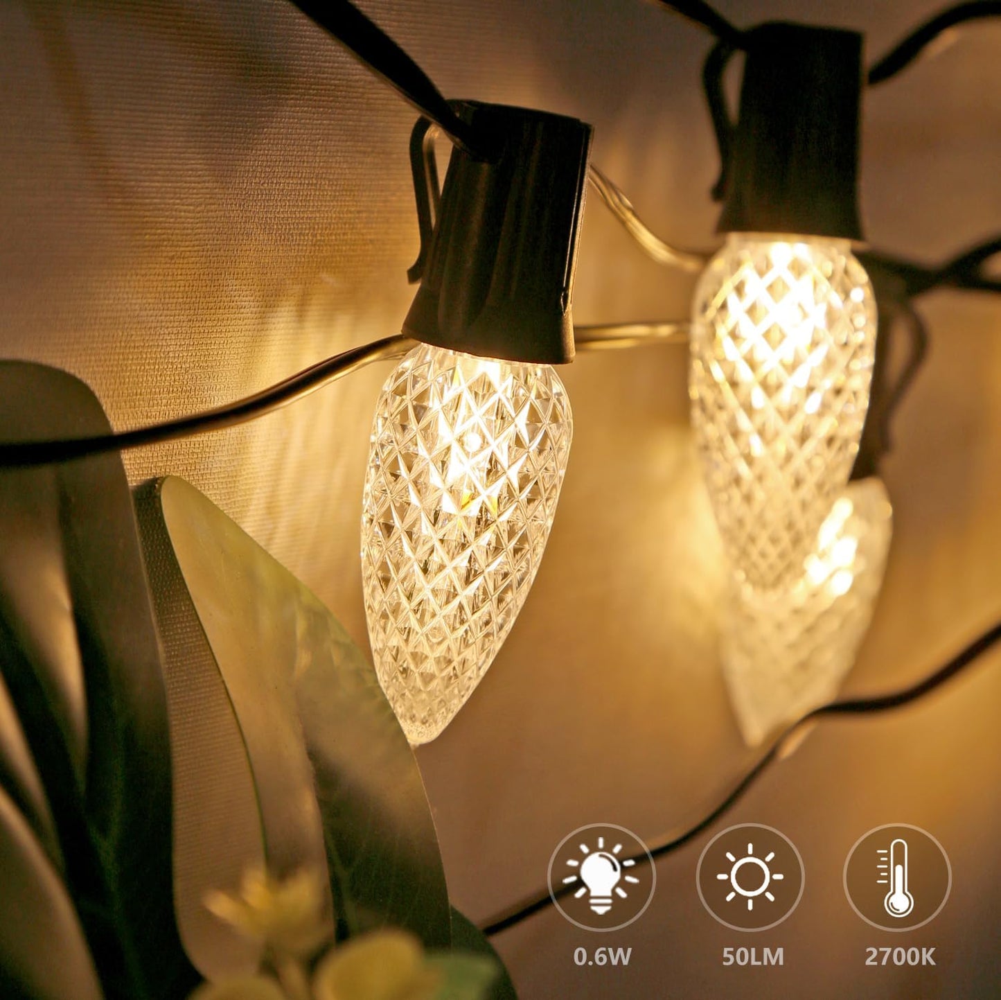 Shatterproof Austin Coast 25-Pack LED C9 Christmas Light Bulbs - Waterproof Plastic Bulbs for Outdoor String Lights, E17 Base, 0.6W, Warm White 2700K, 50LM - Holiday Decor