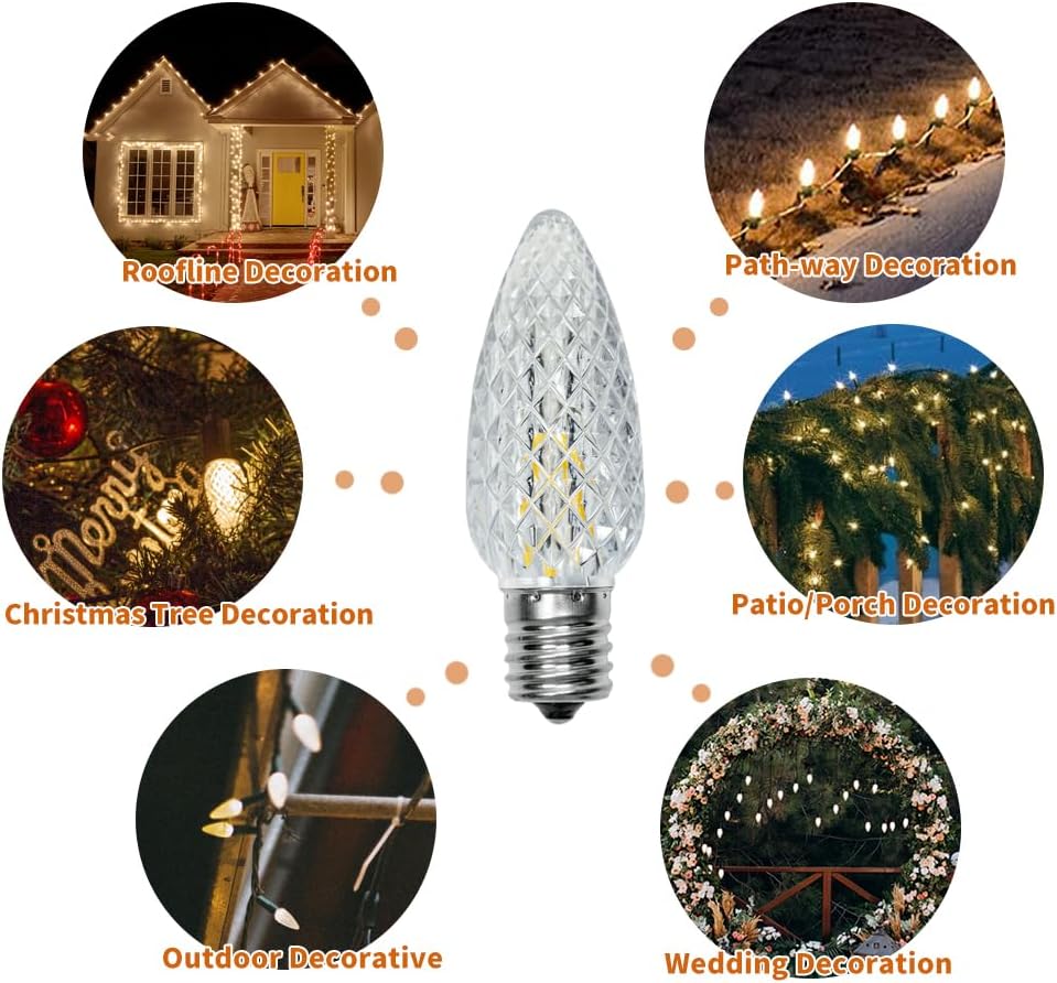 Shatterproof Austin Coast 25-Pack LED C9 Christmas Light Bulbs - Waterproof Plastic Bulbs for Outdoor String Lights, E17 Base, 0.6W, Warm White 2700K, 50LM - Holiday Decor