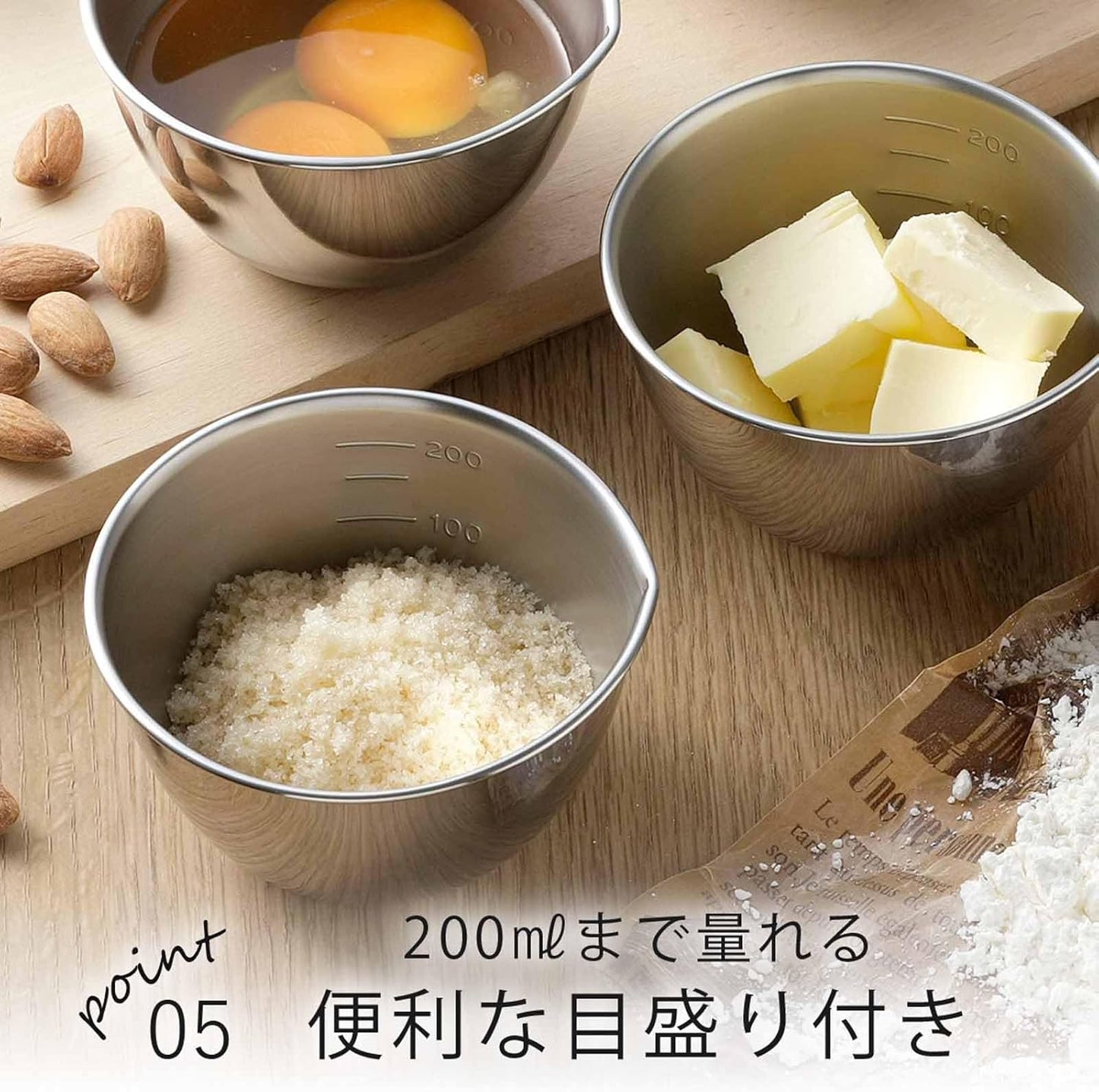 Shimomura 28867 Stainless Steel Bowl Set of 3 with Pourer and Graduated Marks, 9.1 fl oz (270 ml) - Dishwasher Safe and Convenient for Small Divided Food Prep