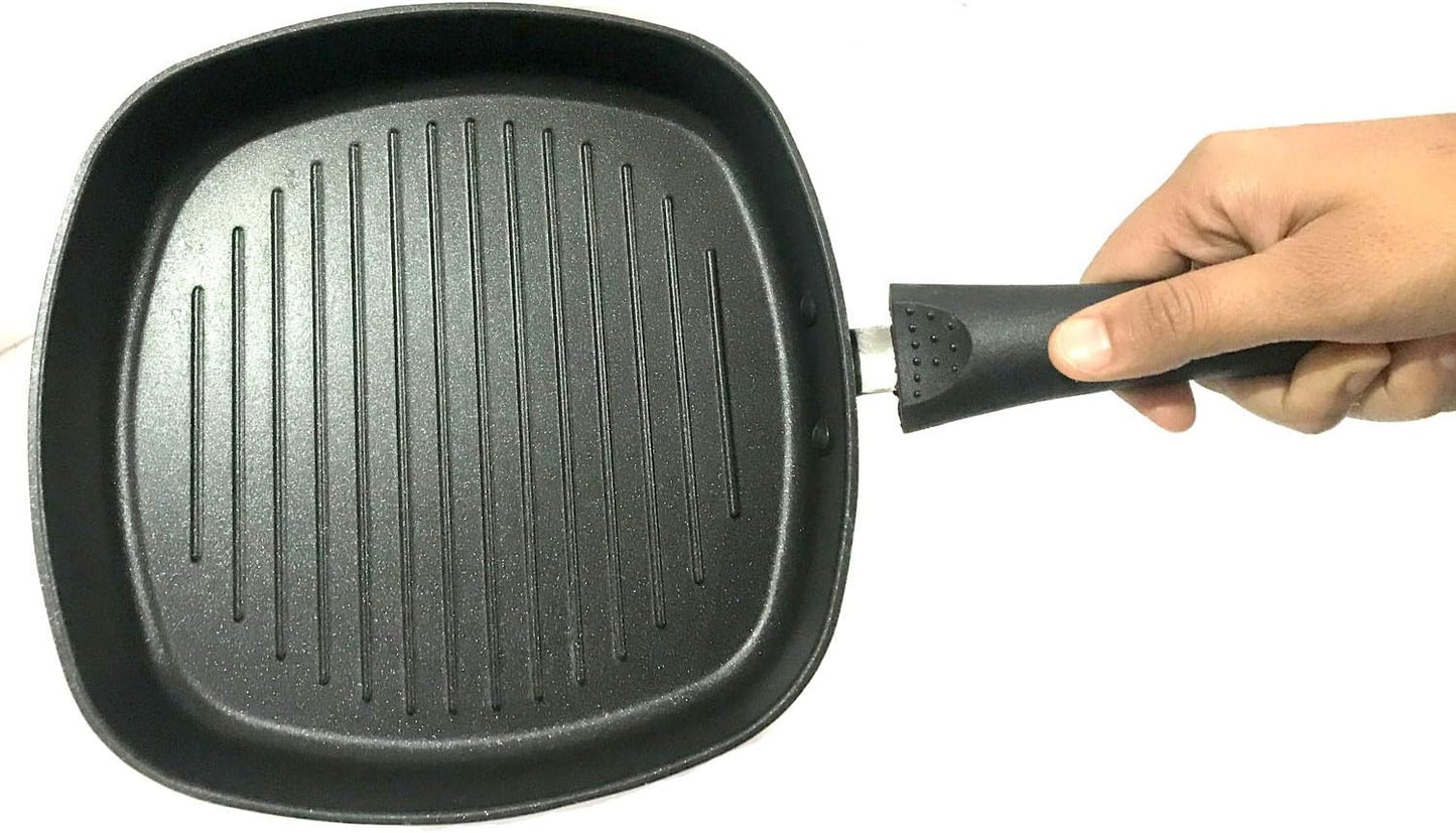 SHRIYA Pre-Seasoned Nonstick Aluminum Deep Square Grill Pan for Stove Tops - Ideal for Grilling Veggies, Fish, and Meats - Includes Easy-Grip Handles