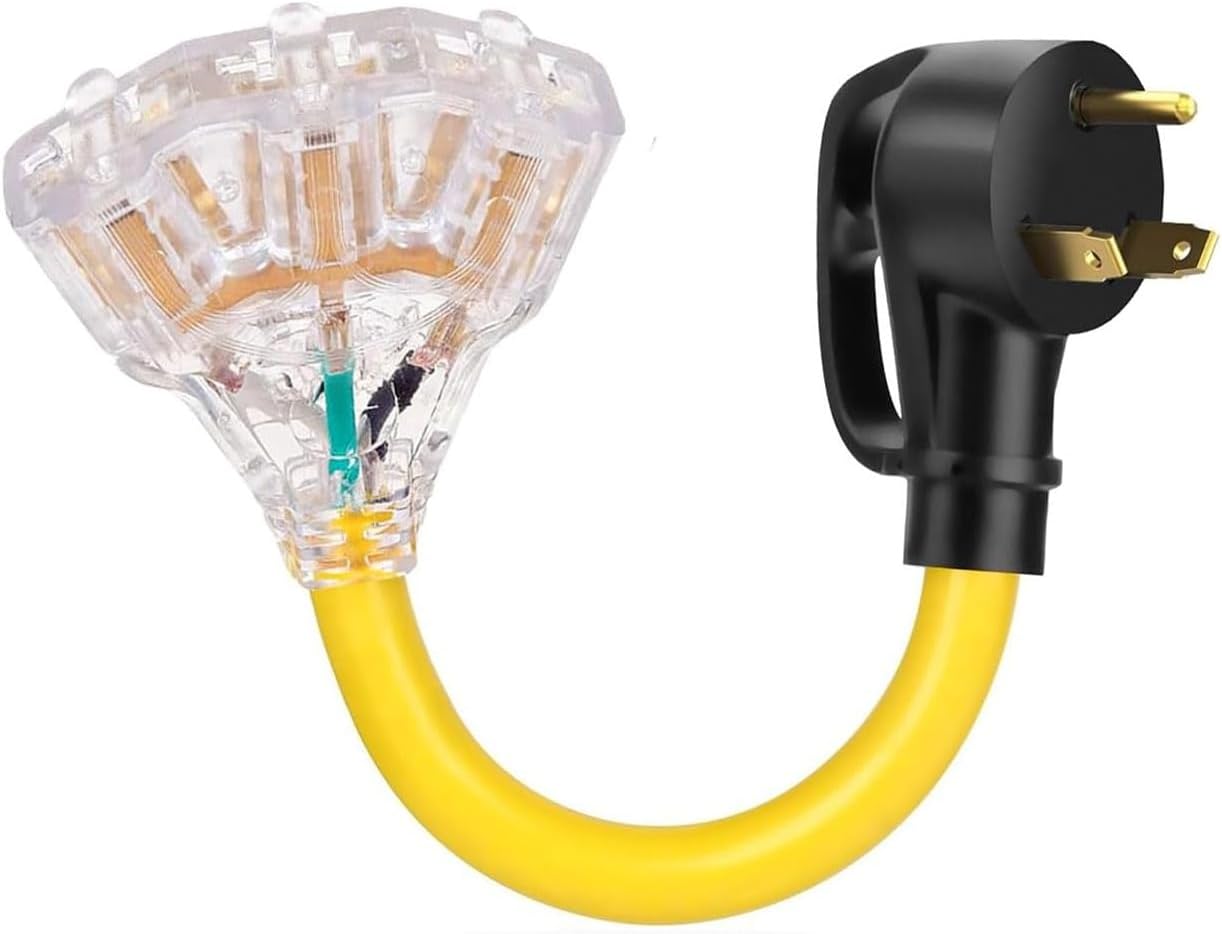 Siawclub 30A to 20A 110V RV Plug Extension Adapter Cord, TT-30P Male to 3X 5-15R/5-20R Outlets, LED Power Indicator, 1FT