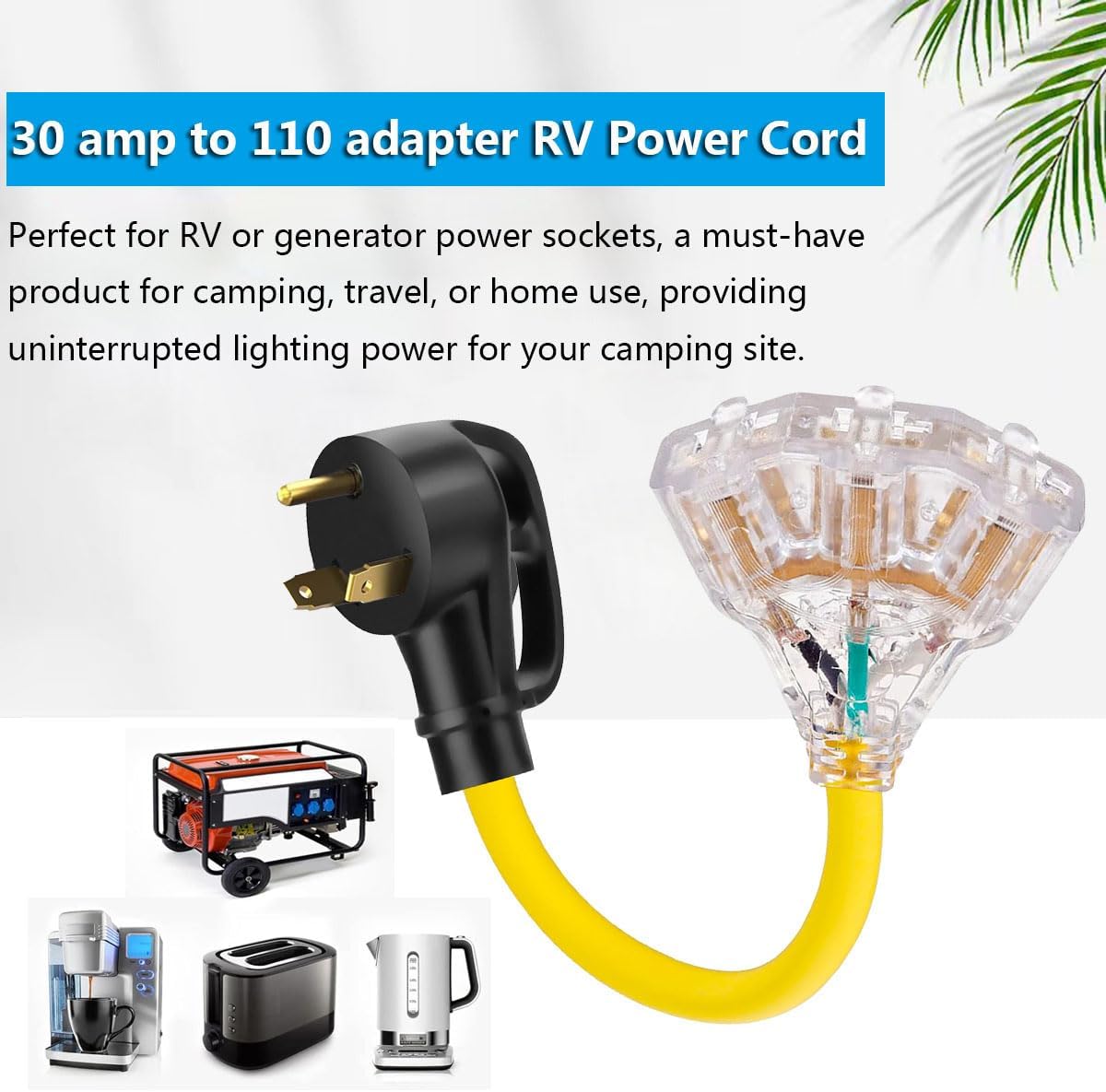 Siawclub 30A to 20A 110V RV Plug Extension Adapter Cord, TT-30P Male to 3X 5-15R/5-20R Outlets, LED Power Indicator, 1FT