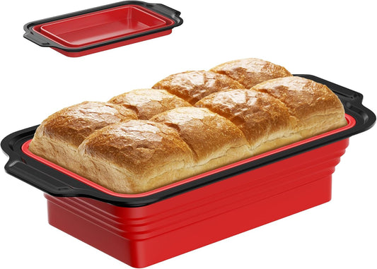 Silicone Bread Loaf Pan with Metal Frame for Homemade Bread - Non-Stick Baking Mold, Foldable Design - Black+Red, 1 Pack